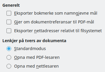 Dialogvindauget for val av lenkjer for PDF-eksport