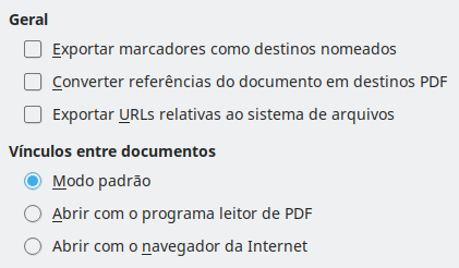 Imagem da caixa de diálogo de opções de vínculos da exportação PDF