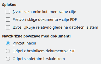 Slika pogovornega okna Možnosti za PDF, Izvozi v PDF – Povezave