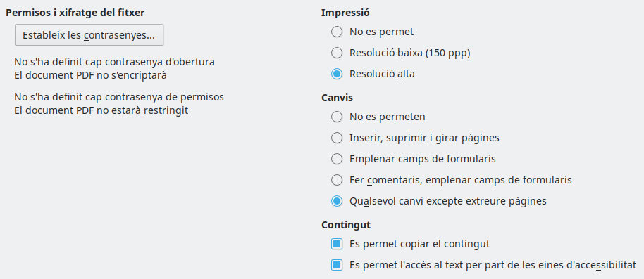 Imatge de diàleg de les opcions de les opcions de seguretat de l'exportació PDF
