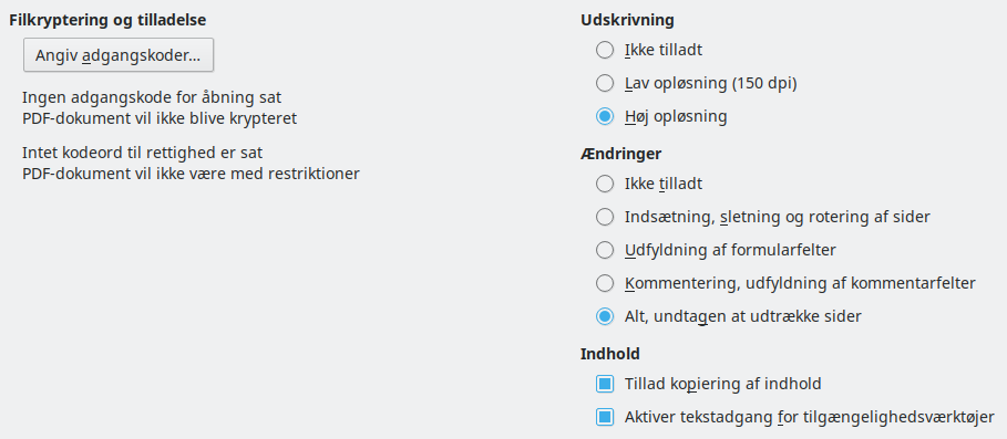 Billede af dialogen PDF-eksport – Sikkerhedsindstillinger