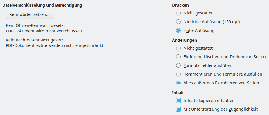 Bild des Export-Dialogs PDF-Optionen – Sicherheit