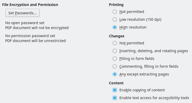 PDF Export Security Options Dialogue Box Image
