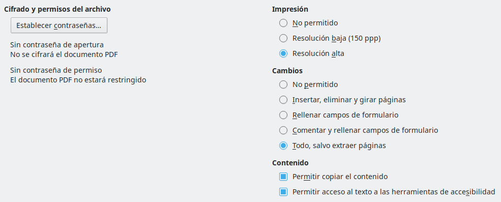 Imagen del cuadro de diálogo Exportar a PDF, pestaña Seguridad