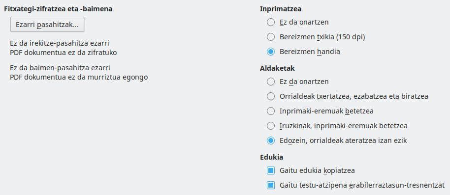 PDF esportazioaren segurtasun-aukeren elkarrizketa-koadroaren irudia