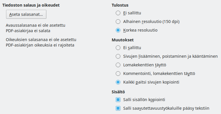 PDF Export Security Options Dialog Image