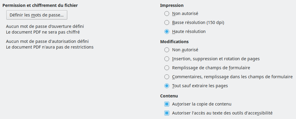 Image de la boîte de dialogue des options de sécurité de l'export PDF