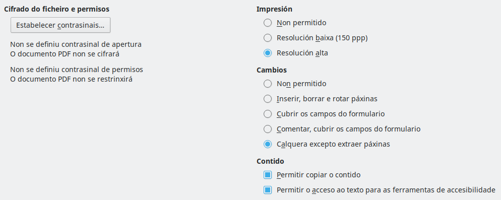 Imaxe da caixa de diálogo de opcións de seguranza da exportación a PDF