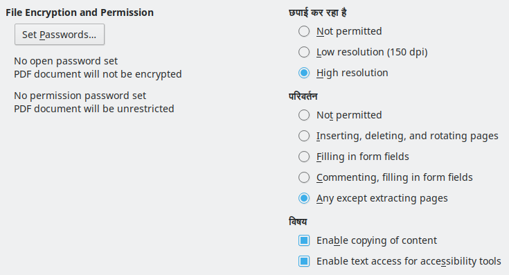 PDF Export Security Options Dialog Image