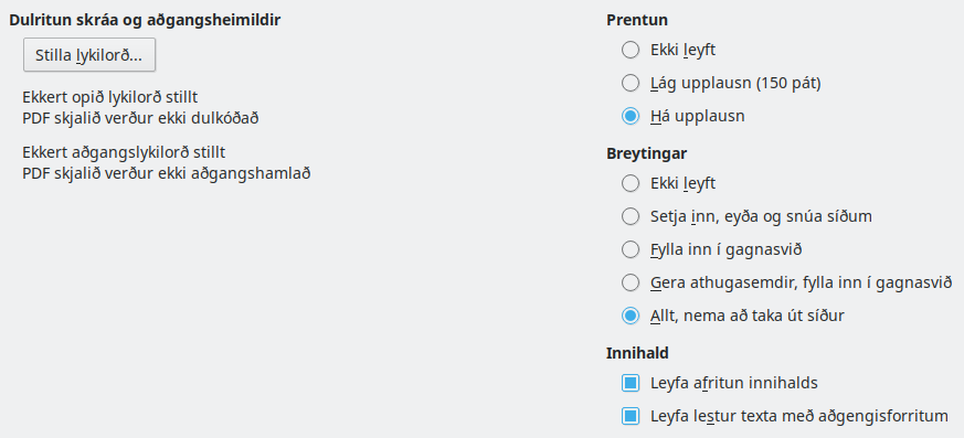 PDF Export Security Options Dialog Image