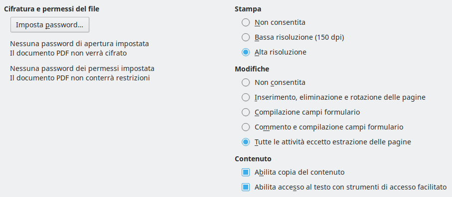 Immagine finestra di dialogo delle opzioni di sicurezza dell'esportazione PDF
