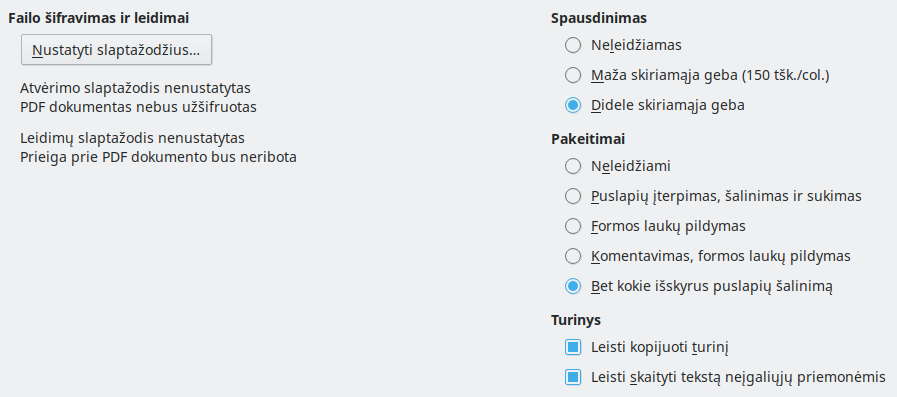 PDF eksporto apsaugos parinkčių lango nuotrauka