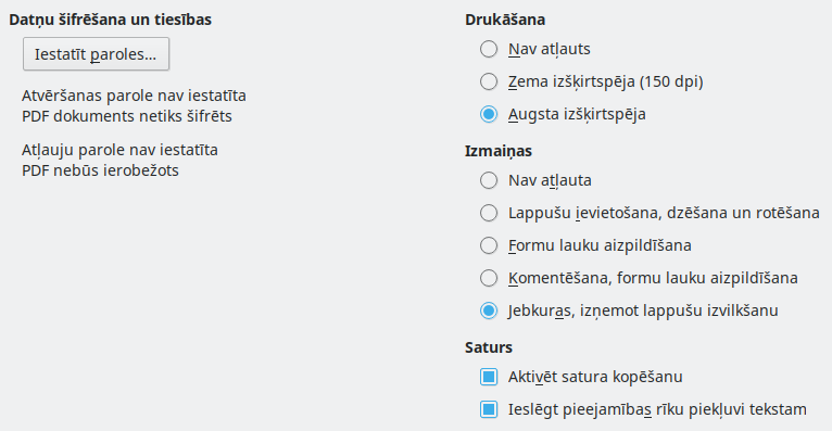 PDF Export Security Options Dialog Image