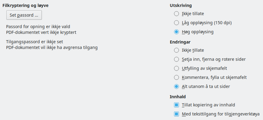Dialogvindauget for innstillingar for trygging ved PDF-eksport