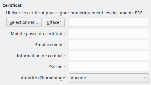 Image de la boîte de dialogue des options de signature numérique de l'export PDF