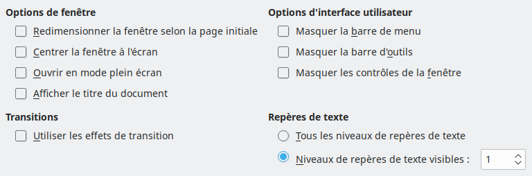 Image de la boîte de dialogue des option de l'interface utilisateur de l'export PDF