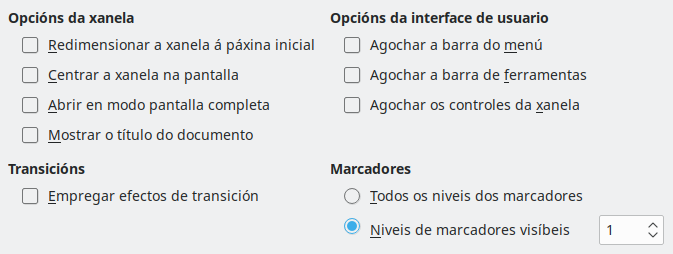 Imaxe da caixa de diálogo de opcións da interface de usuario da exportación a PDF