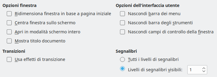 Immagine finestra di dialogo delle opzioni di interfaccia utente dell'esportazione PDF