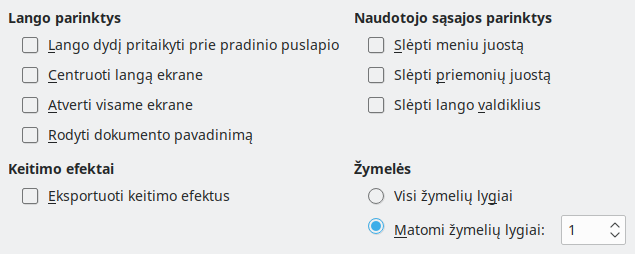 PDF eksporto naudotojo sąsajos parinkčių lango nuotrauka