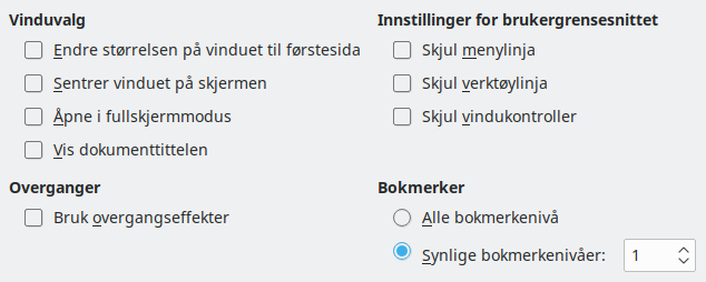 PDF Eksport dialog alternativer