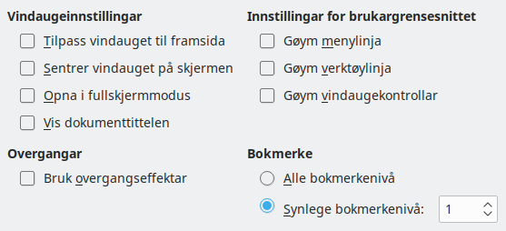 Dialogvindauget for innstillingar for PDF-eksport – grensesnitt