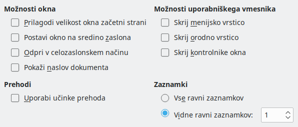 Slika pogovornega okna Možnosti za PDF, Izvozi v PDF – Uporabniški vmesnik