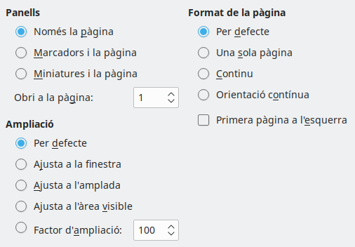 Imatge de diàleg d'opcions de visualització de l'exportació PDF