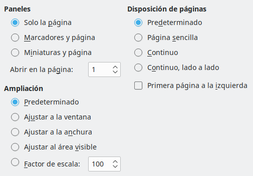 Imagen del cuadro de diálogo Exportar a PDF, pestaña de opciones de visualización