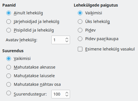 Ekraanipilt PDF-i ekspordi algvaate sätetest