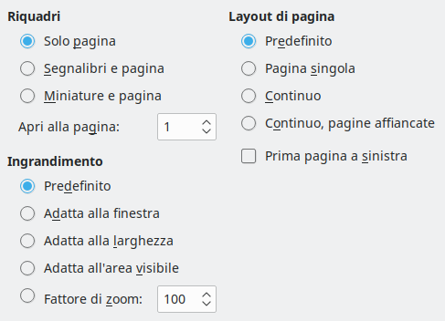 Immagine finestra di dialogo delle opzioni di visualizzazione dell'esportazione PDF