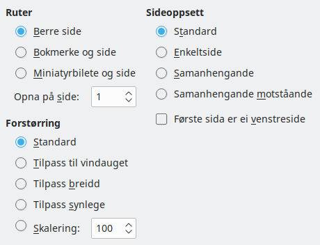 Dialogvindauget for innstillingar for vising i PDF-eksport.
