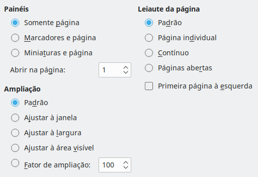 Imagem da caixa de diálogo de opções de visualização da exportação PDF