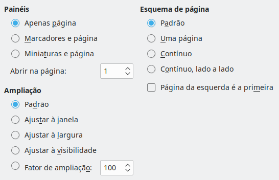 Imagem da caixa de diálogo das opções de visualização da exportação PDF