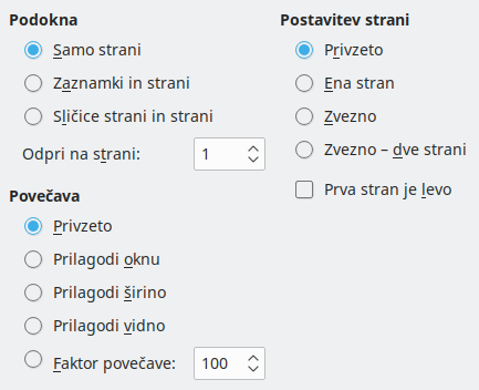 Slika pogovornega okna Možnosti za PDF, Izvozi v PDF – Začetni pogled