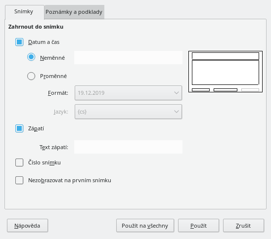 Dialogové okno Záhlaví a zápatí