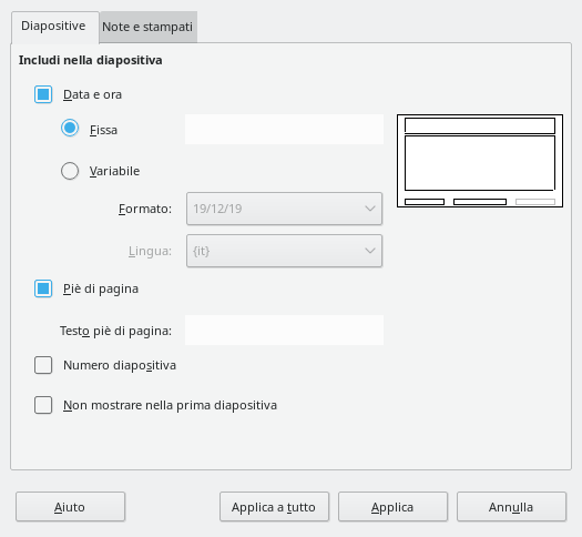 Finestra di dialogo Riga d'intestazione/Piè di pagina