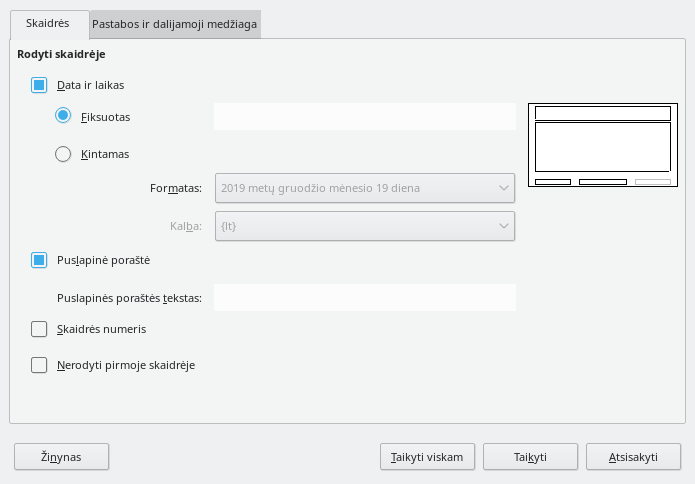 Skaidrės puslapinės antraštės ir poraštės parinkčių lango nuotrauka