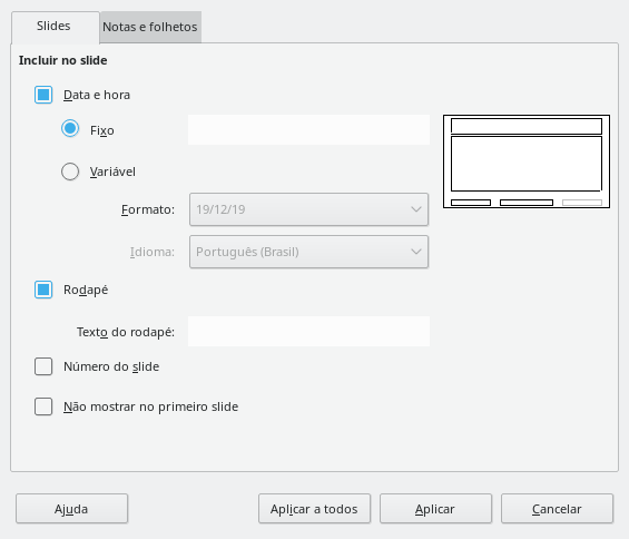 Caixa de diálogo cabeçalho e rodapé