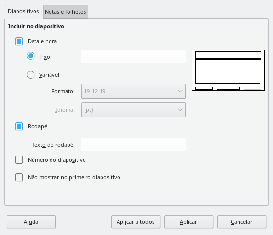 Caixa de diálogo Cabeçalho/Rodapé