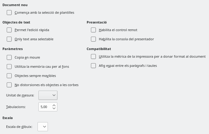 Diàleg d'opcions generals de l'Impress