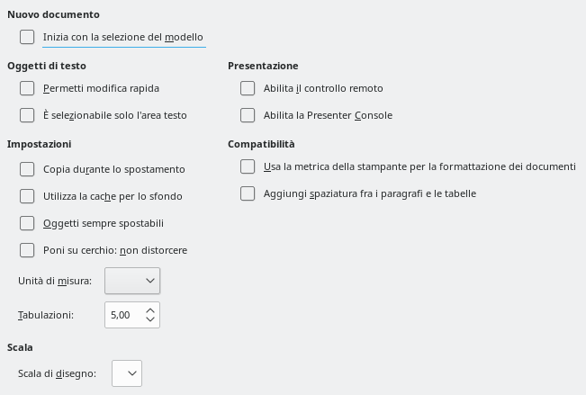Finestra di dialogo Opzioni generali di Impress