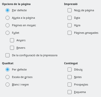 Diàleg d'opcions d'impressió de l'Impress