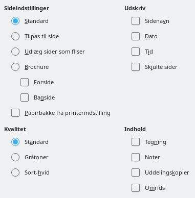Valgmuligheder  i dialogen Impress Udskriv