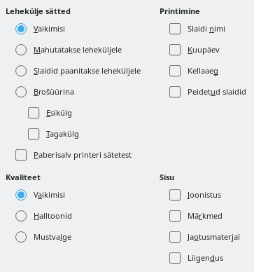 Ekraanipilt Impressi printimissätetest