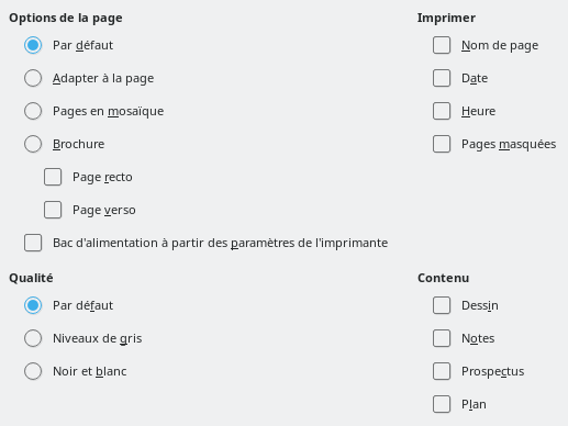 Boîte de dialogue Options d'impression Impress