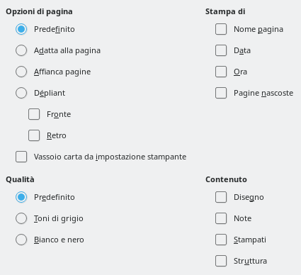 Finestra di dialogo Opzioni stampa di Impress