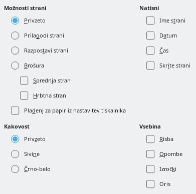 Slika pogovornega okna možnosti tiskanja za Impress