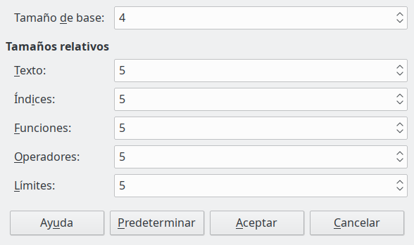 Cuadro de diálogo Tamaño de letra