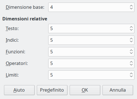 Finestra di dialogo Dimensione carattere