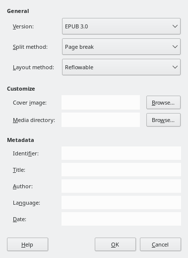 EPUB dialog box